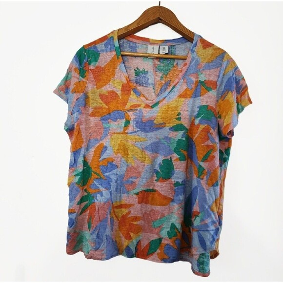 JOIE Tops - Joie Tropical Print Short Sleeve Linen Women's Multicolored Top Blouse Size 1X